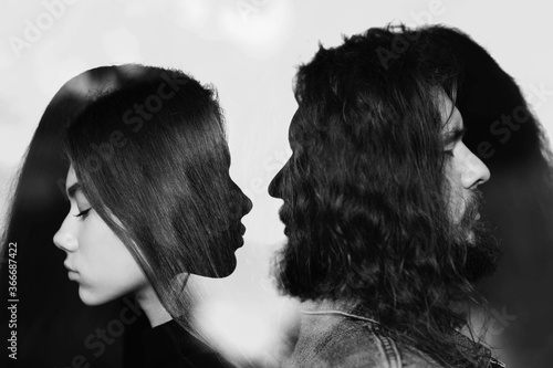 Man and woman profile multiple exposure portrait. Codependency and relationship photo