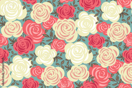 Seamless floral pattern with pink, white roses (peonies) , leaves on a turquoise background. Vintage sophisticated design. Rose flower print, template for fabrics, wrapping paper, clothing... Vector.