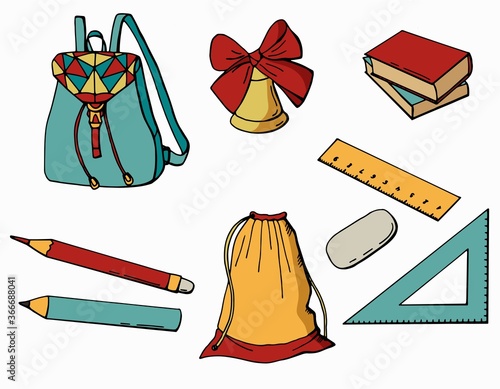 set of items for the school. Backpack, bag, books, rulers, pencils, bell, eraser. White background, isolator. Stock illustration.