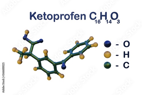 Structural chemical formula and molecular model of ketoprofen, the nonsteroidal anti-inflammatory drug (NSAID) with analgesic and antipyretic effects. 3d illustration photo