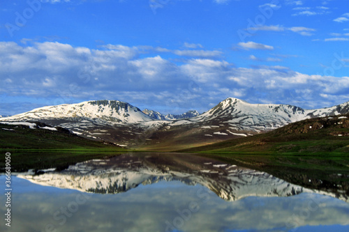 landscape of sheosar lake with mirror reflection  photo