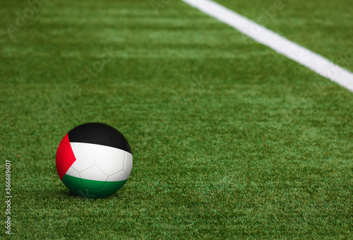 Palestine flag on ball at soccer field background. National football theme on green grass. Sports competition concept.