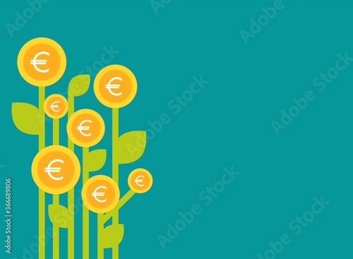 Green bamboo plant with gold euro coins. Money tree on blue background.
