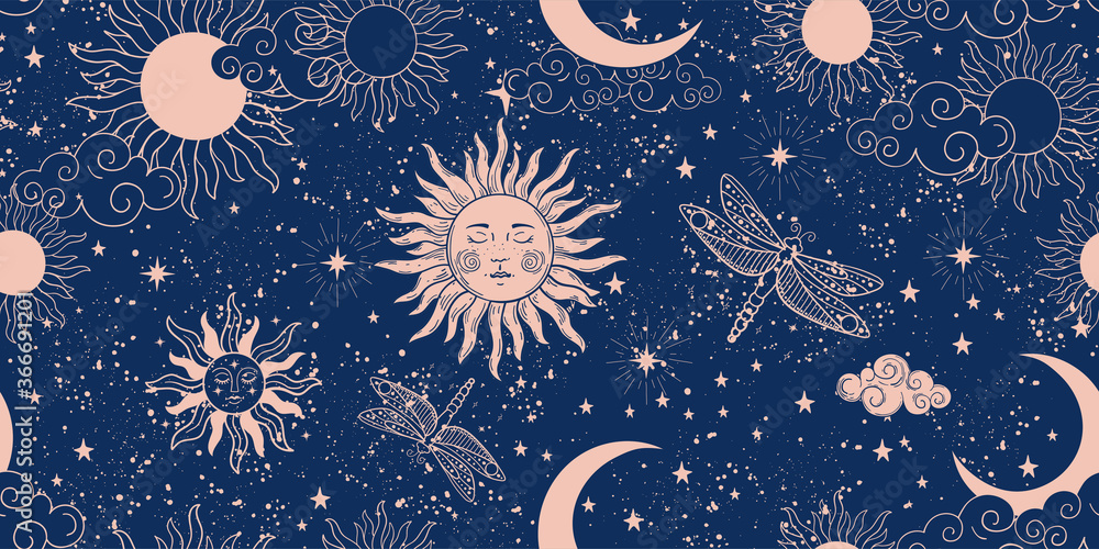 Seamless blue space pattern with sun, crescent and stars on a blue background. Mystical ornament of the night sky for wallpaper, fabric, astrology, fortune telling. Vector illustration - obrazy, fototapety, plakaty 