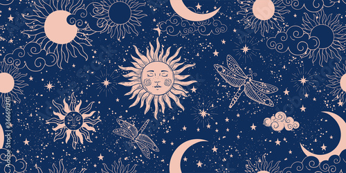 Seamless blue space pattern with sun, crescent and stars on a blue background. Mystical ornament of the night sky for wallpaper, fabric, astrology, fortune telling. Vector illustration