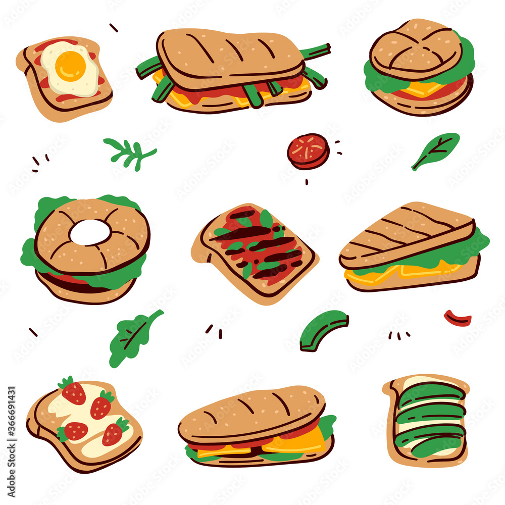 Sandwiches and desserts with buns and fillings vector Sandwiches and desserts with buns and fillings vector