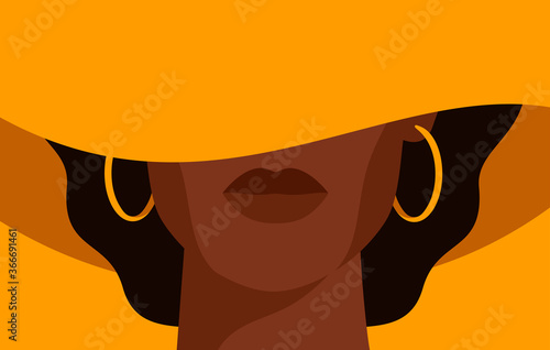 Young African American woman with black curly hair in the yellow hat with a wide brim covering her face. Black strong girl on yellow background, front view. Vector illustration
