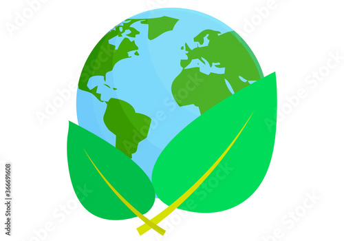 Planeta tierra con hojas verdes en fondo blanco.