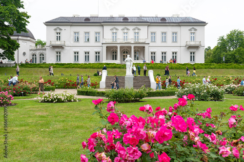 Amber museum in Palanga, Lithuania, view from the garden with flowers, roses and green grass