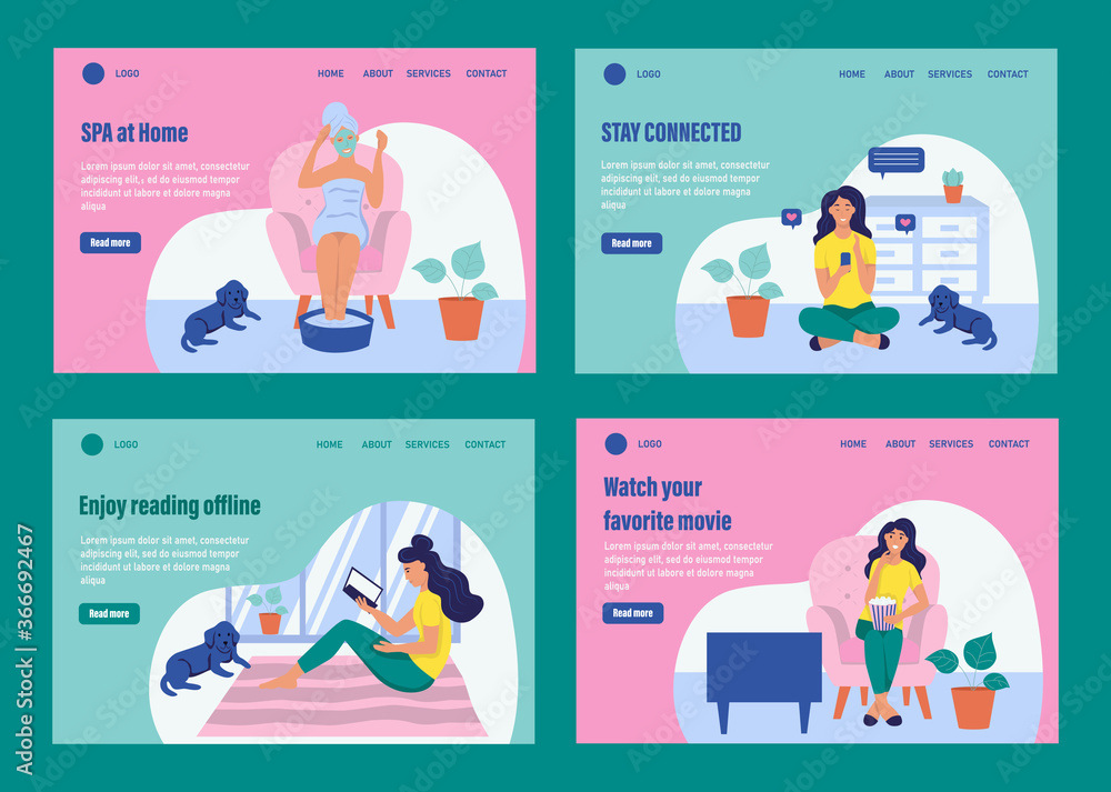 Set of templates. Website homepage landing web page template. The concept of daily life, everyday leisure and work activities. Flat cartoon vector illustration.