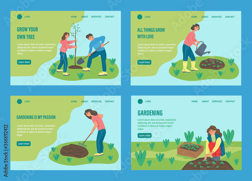 Set of templates. People are engaged in gardening. Website homepage landing web page template. A flat character. Vector illustration.