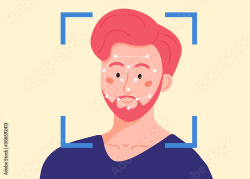 Security scanning frame and dots polygonal mesh on the male person head. Facial recognition system. Man being checked via face identification technology. Innovative technologies in everyday life.