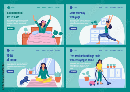 Set of templates. Website homepage landing web page template. The concept of daily life, everyday leisure and work activities. Flat cartoon vector illustration.