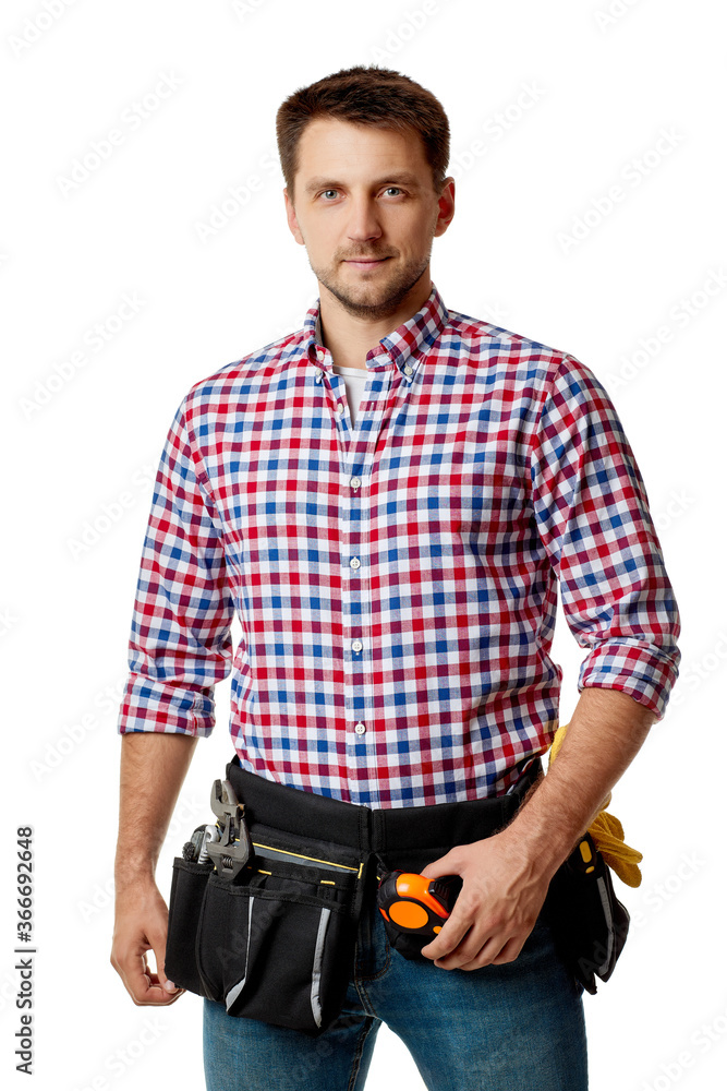 caucasian repairman worker wearing tool belt isolated on white studio background caucasian repairman worker wearing tool belt isolated on white studio background
