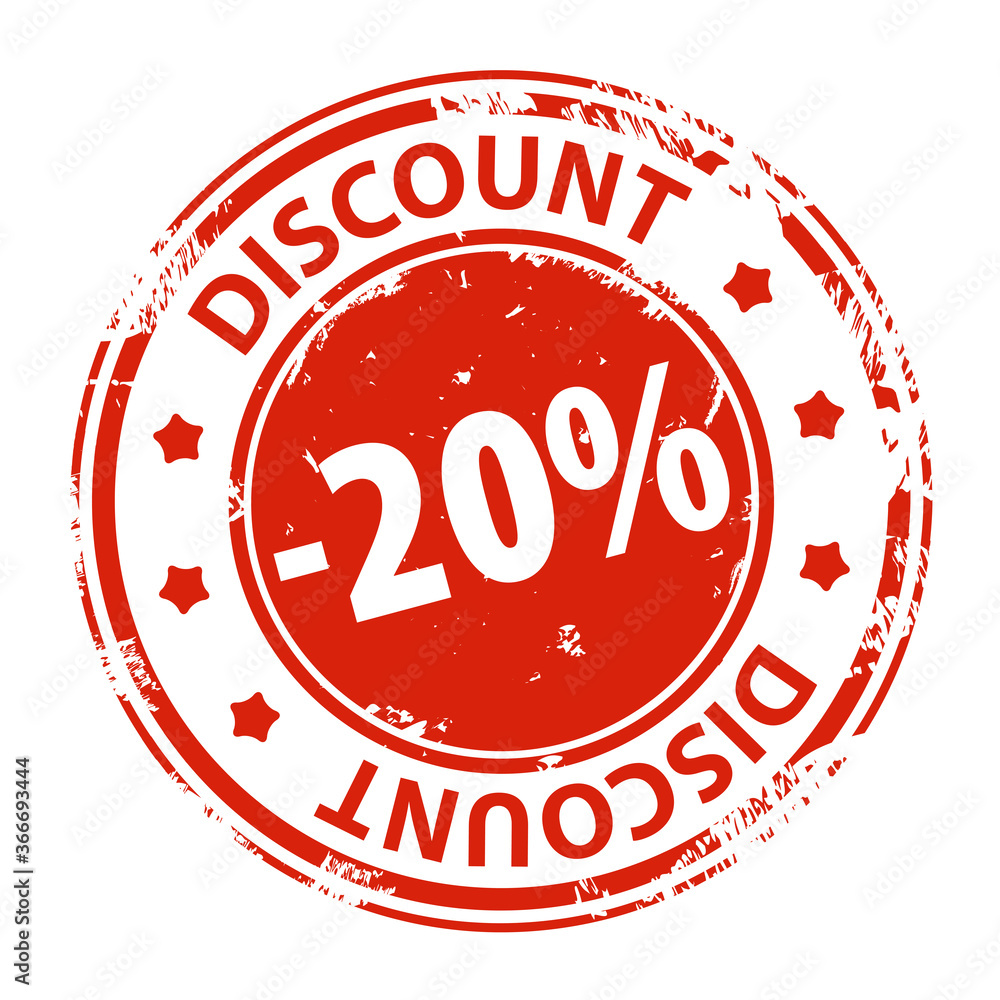 Rubber stamp with text Discount 20 percent icon isolated on white background. Illustration Rubber stamp with text Discount 20 percent icon isolated on white background. Illustration