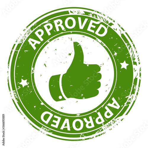 Approved text round rubber stamp icon with thumb up symbol isolated on white background. Symbol of approval.