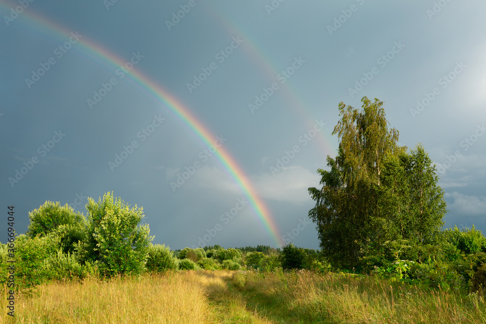 Double rainbow after the rain over a green field in summer. Horizontal image. Double rainbow after the rain over a green field in summer. Horizontal image.