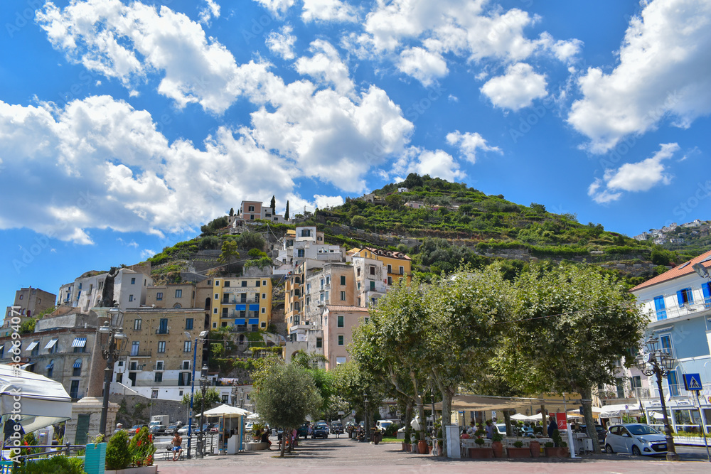 City ​​of minori seen from below, city located at the side of the coast and facing the sea.