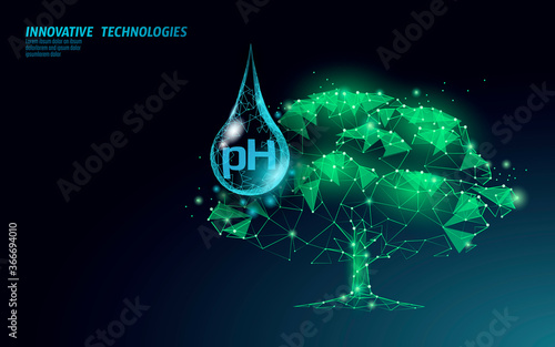 3D low poly plant pH watering concept. Soil acidity fertilizers industrial horticulture. Ecology environment problem solution analysis vector illustration