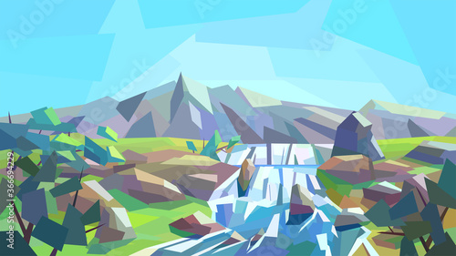 low poly landscape, mountain, hill, waterfall, river, rock, stone, bush, vector illustration
