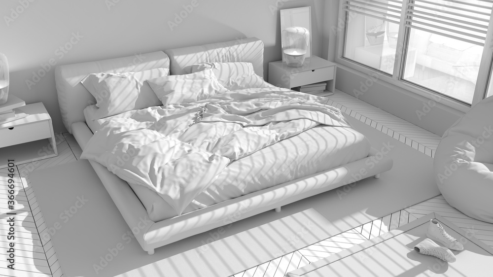 Total white project of modern bedroom, big panoramic window, double bed