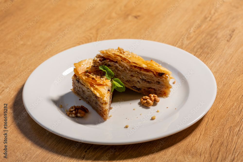 Baklava served on white plate Baklava served on white plate
