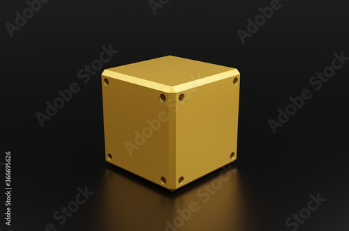 Obraz na płótnie Game Mystery loot box ,Yellow Steel Box or cube ,Golden Product Stand on Black floor with reflex