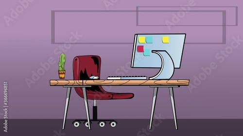 4k cartoon of workplace whre there are desktop, clock, pc, chair. photo