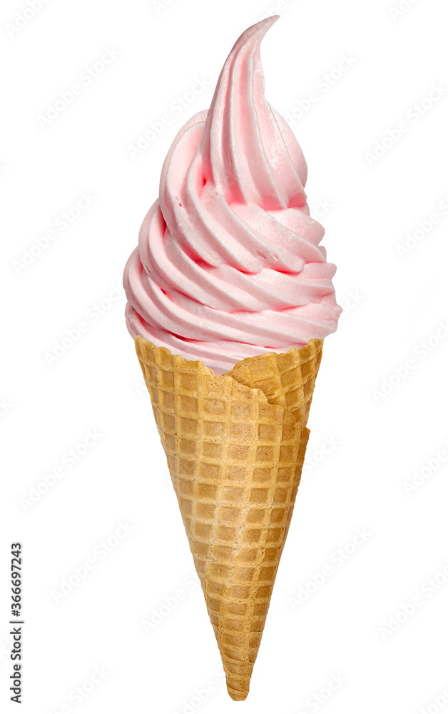 Strawberry whipped soft ice cream or frozen custard in cone isolated on white background. Including clipping path. Strawberry whipped soft ice cream or frozen custard in cone isolated on white background. Including clipping path.