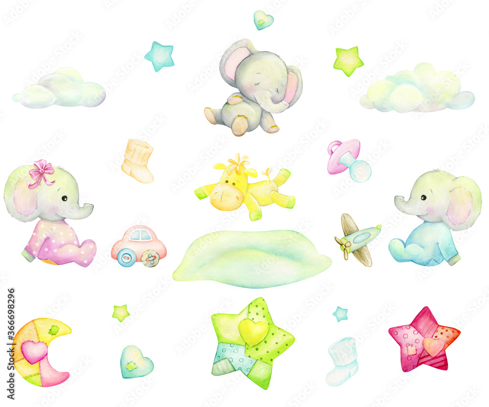 Cute elephants, horse, clouds, moon, stars, toys, pillow. Watercolor set, small, elephants and objects, delicate colors, cartoon style.