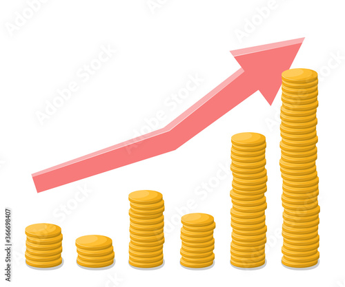 Growth chart with gold coins. Growing stacks of gold coins with going up graph. Making money concept