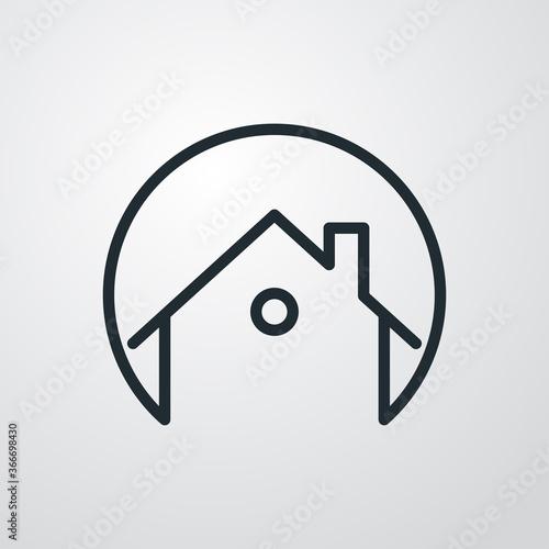 Concepto Real Estate. Logotipo lineal casa en círculo en fondo gris