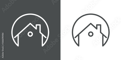 Concepto Real Estate. Logotipo lineal casa en círculo en fondo gris y fondo blanco