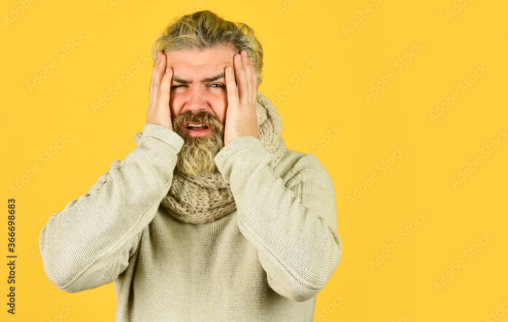 epidemic coronavirus from china. weak immunity to virus infection. man with cold feel fever. brutal male cough and runny nose. winter flue disease. feeling bad health. bearded hipster ill. copy space epidemic coronavirus from china. weak immunity to virus infection. man with cold feel fever. brutal male cough and runny nose. winter flue disease. feeling bad health. bearded hipster ill. copy space