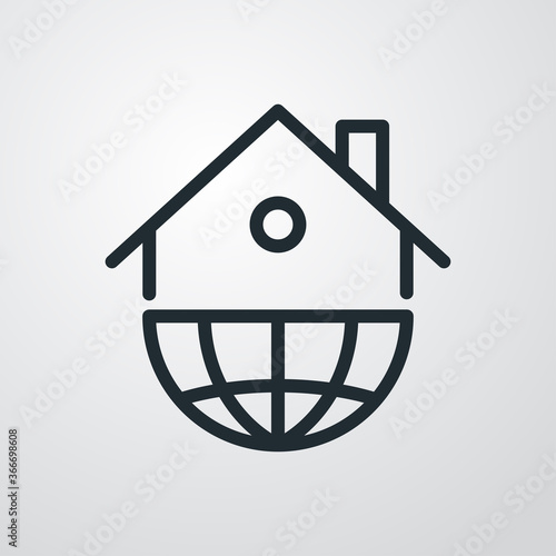 Concepto Real Estate. Logotipo lineal casa en globo terráqueo en fondo gris