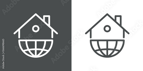 Concepto Real Estate. Logotipo lineal casa en globo terráqueo en fondo gris y fondo blanco
