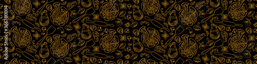 Pizza seamless border. Doodle food isolated on black background. Vector illustration.