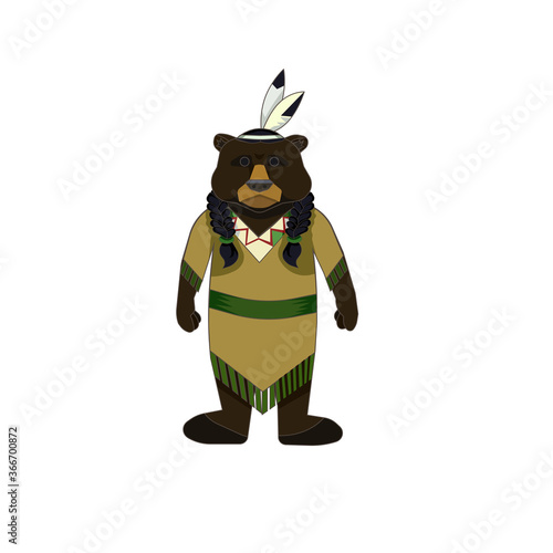Cartoon Grizzly bear wearing in traditional native American womens dress with a band and feathers on white isolated background, vector illustration for American culture and Traditional Fashion topics.