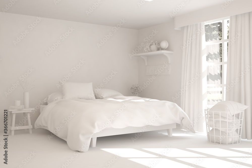 Fototapeta premium White modern bedroom. Scandinavian interior design. 3D illustration