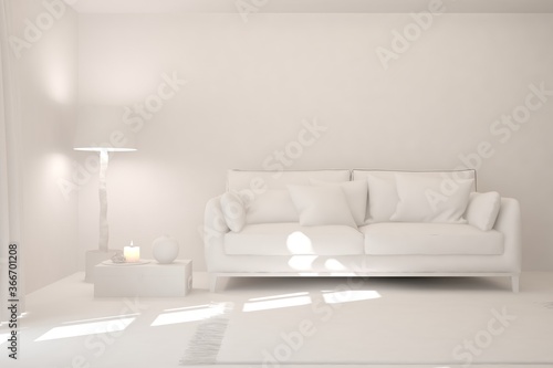 White room with sofa. Scandinavian interior design. 3D illustration