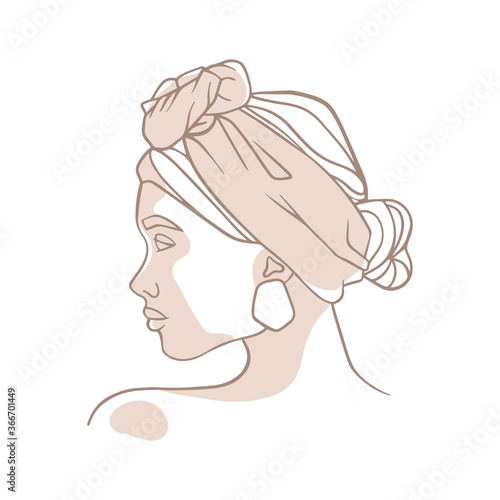 Profile of a woman with a beautiful hairstyle. Headband, summer accessories. Fashion illustration, portrait in a modern minimalist style. Simple line drawing. Vector illustration, logo, postcard.