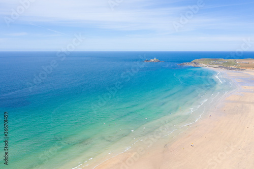 Aerial photograph of Godrevy Beach, Cornwall, England