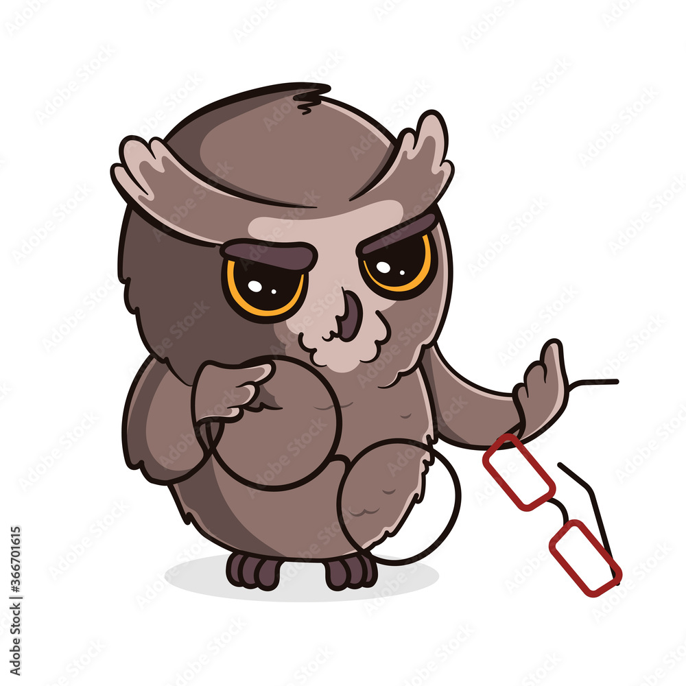 Cute cartoon owl chooses new glasses isolated on white background. Vector illustration Cute cartoon owl chooses new glasses isolated on white background. Vector illustration