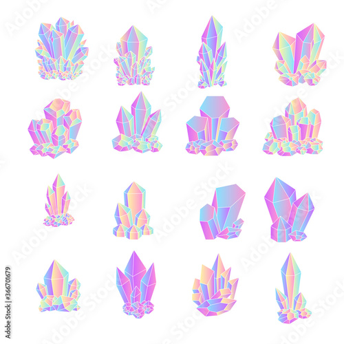 Collection of bright crystals isolated on white background. Vector illustration