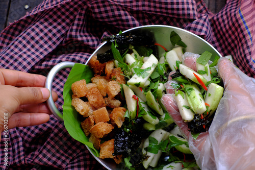 Vietnamese vegan cuisine, guava salad for non meat diet dry bread, seaweed, basil, delicious healthy vegetarian dish