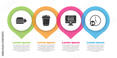 Set Online ordering burger delivery, Coffee cup to go, Online ordering and delivery and Clock 24 hours. Business infographic template. Vector.
