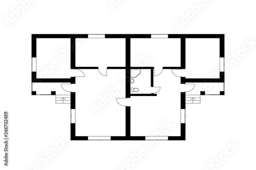 Black and White floor plan of a modern unfurnished apartment for your design. Vector blueprint suburban house. Architectural background.