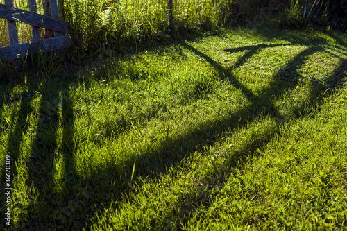 Background of geometric shadows of fence on grass on farm on a sunny evening