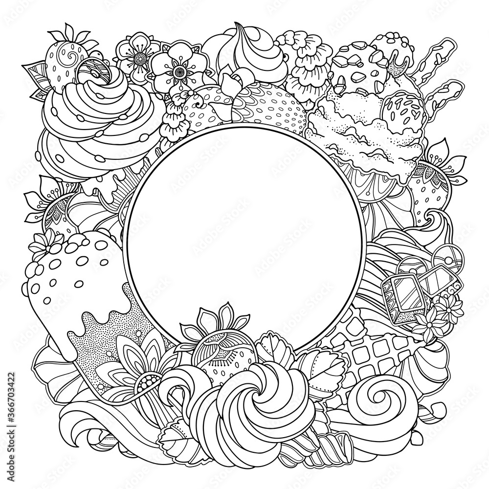 Obraz premium Magic ice cream dessert round frame in doodle style