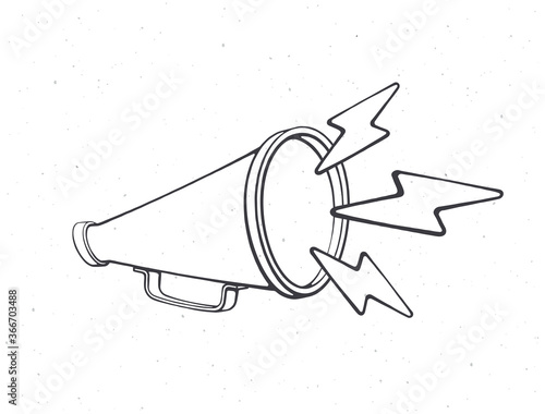 Retro megaphone with lightnings symbol of noise. Outline. Hand loud speaker. Voice audio information and sale promotion. Vector illustration. Hand drawn sketch. Isolated white background